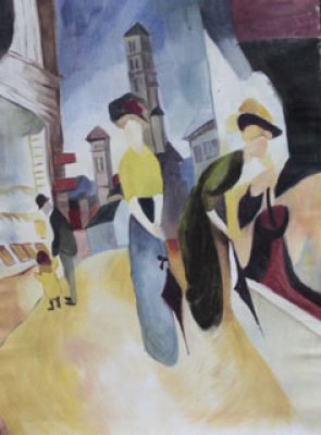 Rahmenoptionen für Zwei Frauen vor dem Hutladen, 50 x 67 cm