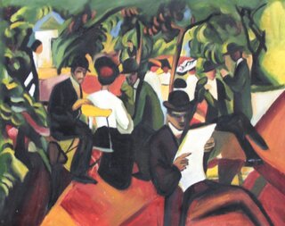 August Macke handgemaltes Ölbild, Gartenrestaurant - 65 x 50 cm, als Replikat
