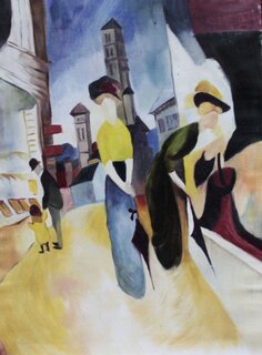 August Macke handgemaltes Ölbild, Zwei Frauen vor dem Hutladen - 50 x 67 cm, als Replikat