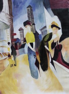 August Macke handgemaltes lbild, Zwei Frauen vor dem Hutladen - 50 x 67 cm, als Replikat