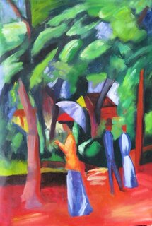 August Macke handgemaltes lbild, Spazieren im Park - 80 x 119 cm, als Replikat