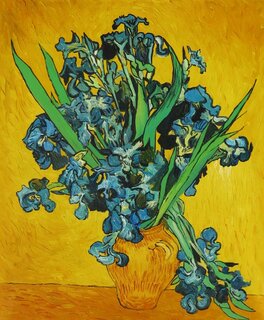 Vincent van Gogh handgemaltes Ölbild auf Leinwand, Vase mit Iris vor gelbem Hintergrund - 70 x 89 cm, als Replikat